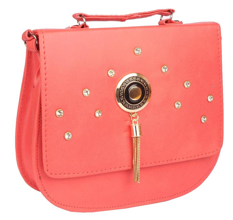 Faux Leather Peach Embellished Magnetic Snap Crossbody Bag