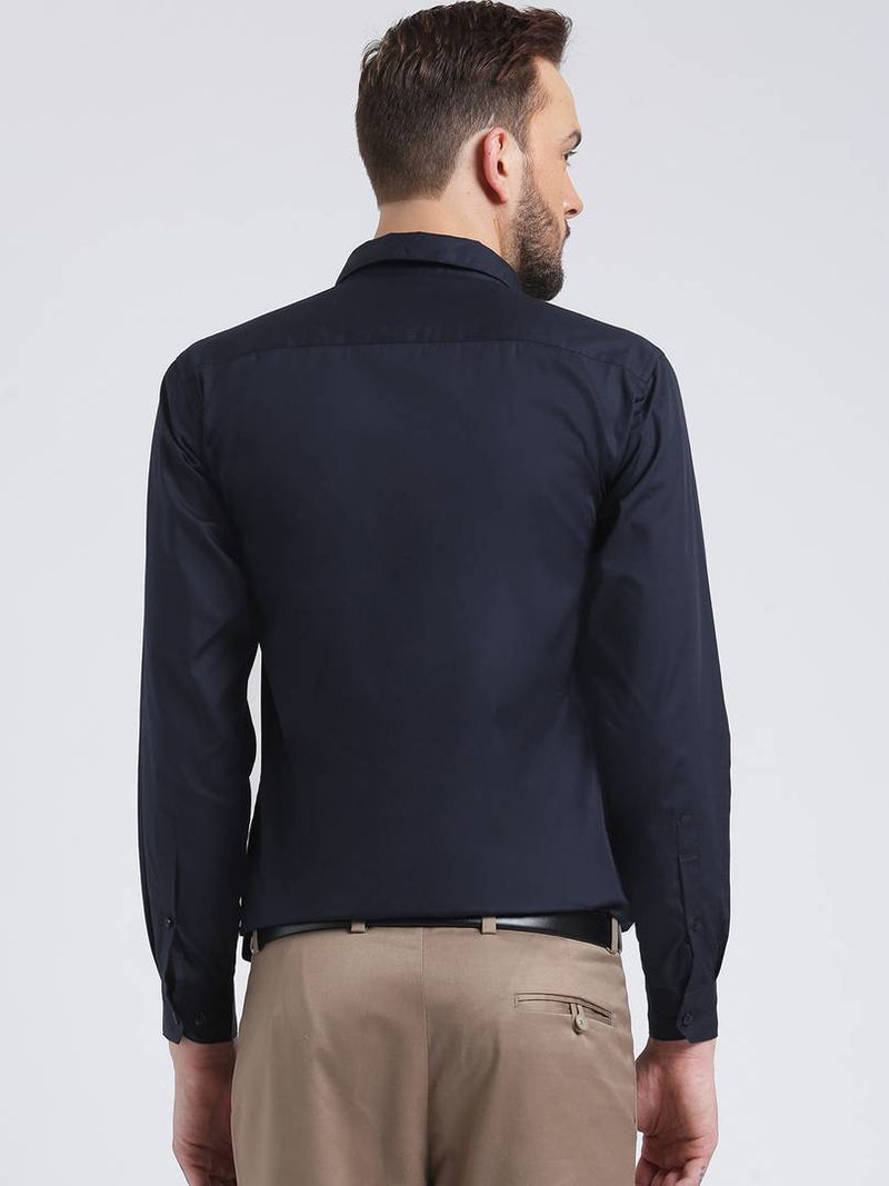 Navy Blue Cotton Solid Regular Fit Formal Shirt