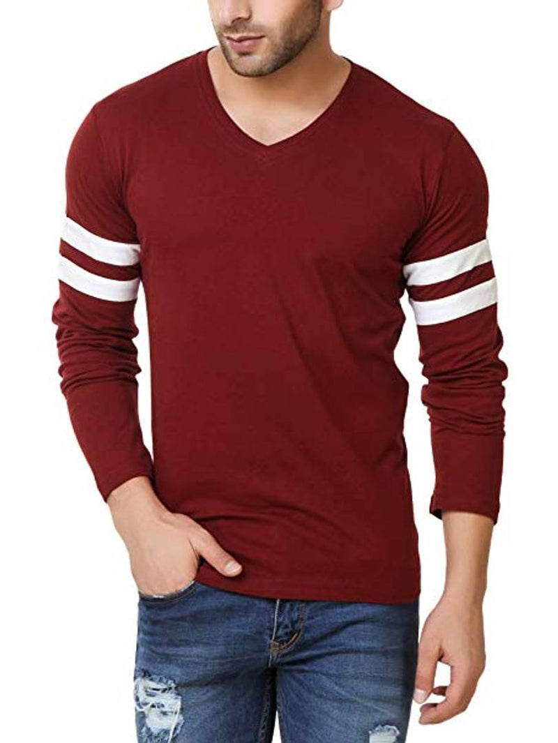 Maroon Cotton Full Sleeves V Neck T-Shirt