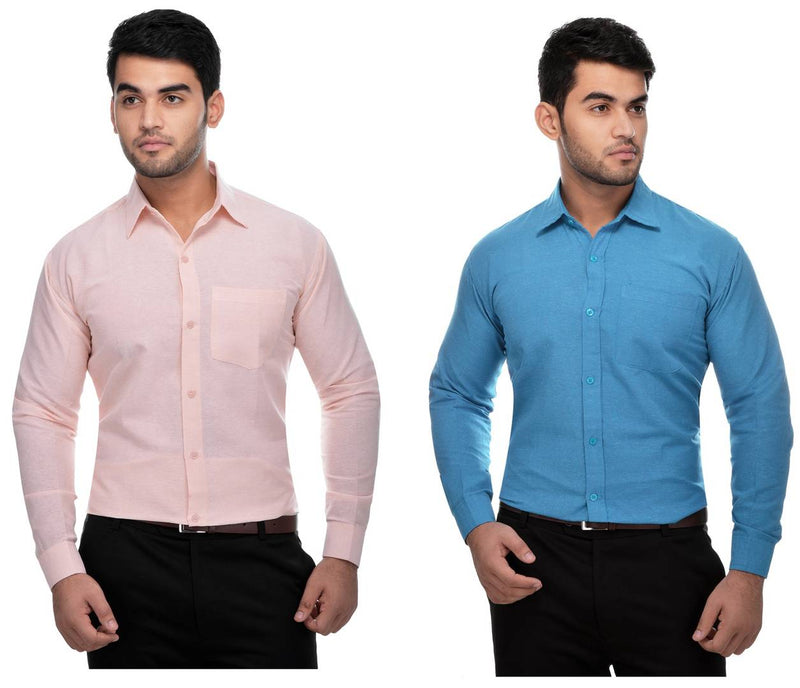 Multicoloured Khadi Solid Long Sleeve Formal Shirt (Combo of 2)