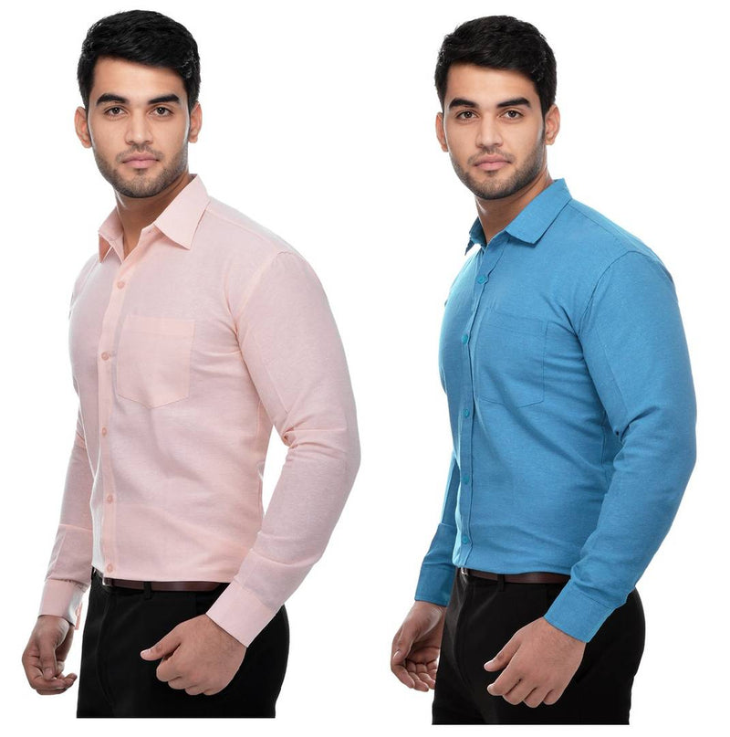 Multicoloured Khadi Solid Long Sleeve Formal Shirt (Combo of 2)