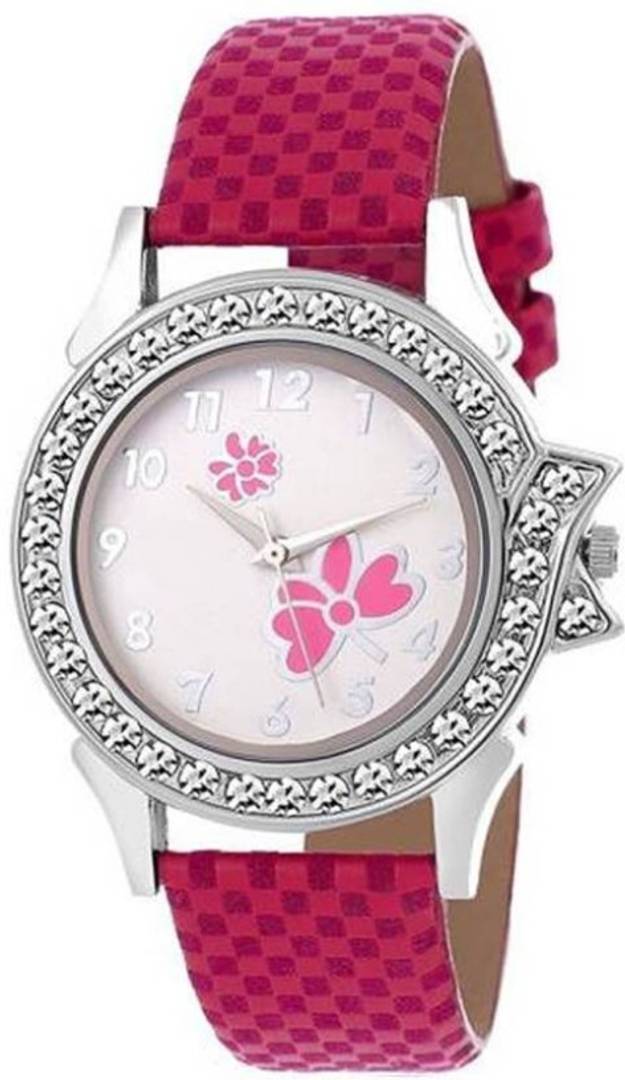 Stylish Flower Print Dial Pink Chex Synthetic Design Leather Belt Watch For Girls & Women