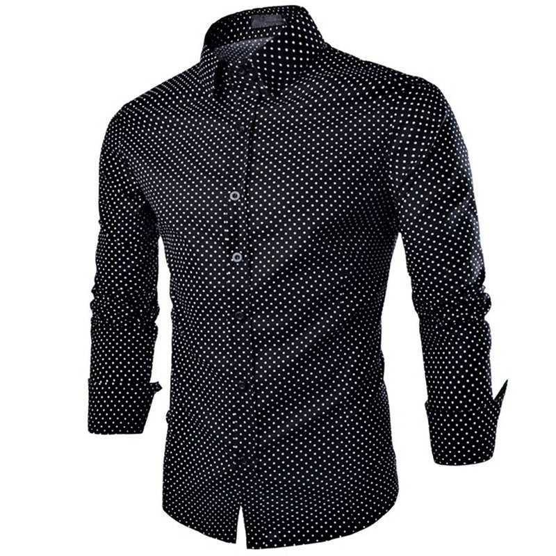 Black Dotted Printed Satin Slim Fit Casual Shirt