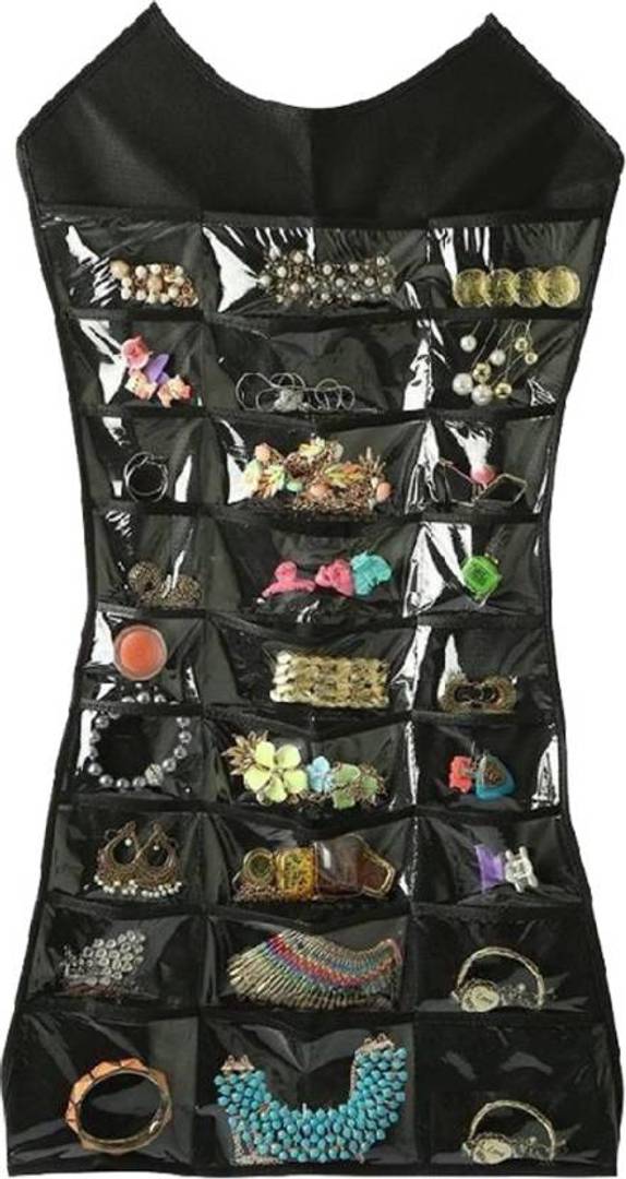 Dress Shaped Double Sided Jewelery Holder Hanging Accessories Organizer, Hanging Organizer (Black)