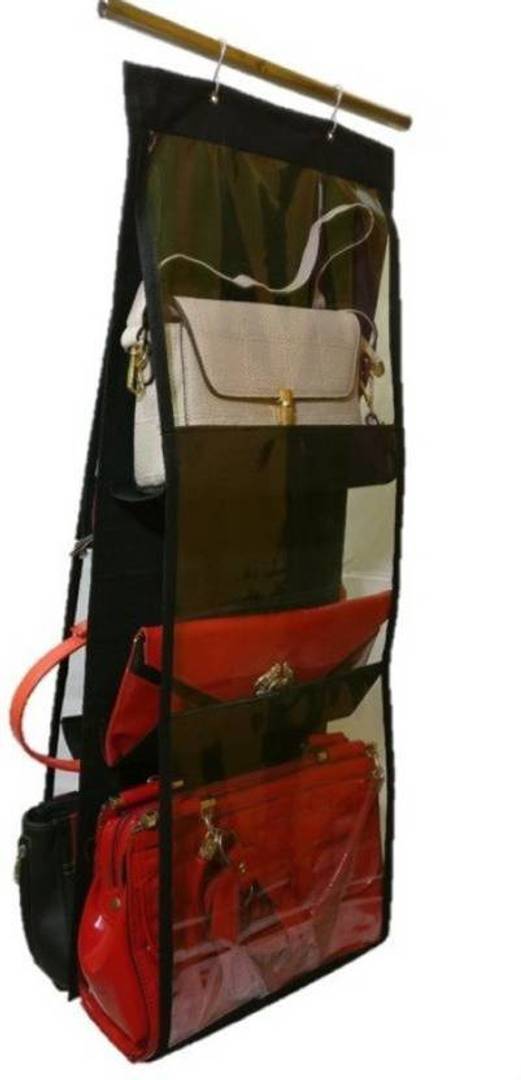6 Pocket Large Clear Purse Handbag Hanging Storage Bag Rack Hangers Holder (Black)