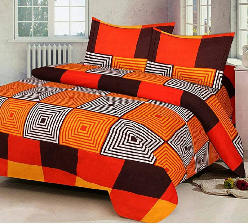 Multicoloured Polycotton Graphic Printed King Size Bedsheet With 2 Pillowcovers