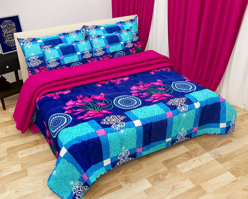 Multicoloured Polycotton Graphic Printed King Size Bedsheet With 2 Pillowcovers