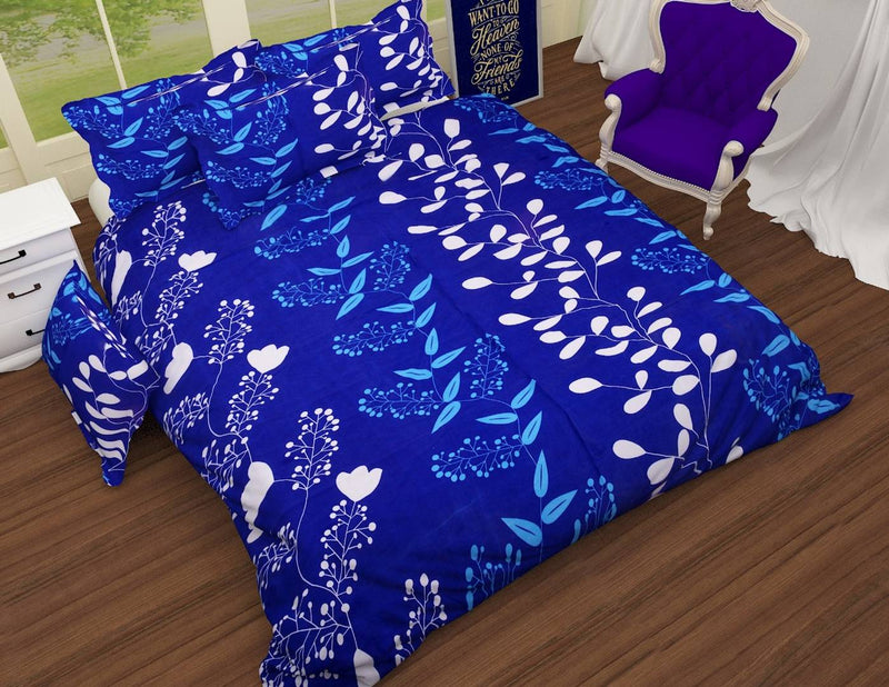 Blue Polycotton Graphic Printed King Size Bedsheet With 2 Pillowcovers