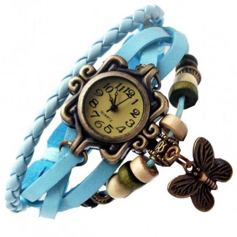 Vintage Round Dial Turquoise Synthetic Leather Strap Analog Watch For Women