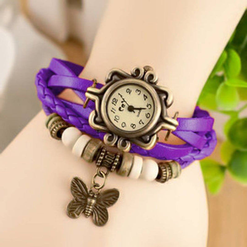 Vintage Round Dial Purple Synthetic Leather Strap Analog Watch For Women