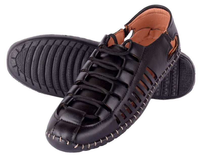 Men Black Synthetic Leather Lace Sandals