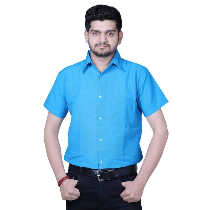 Blue Cotton Solid Short Sleeve Formal Shirt