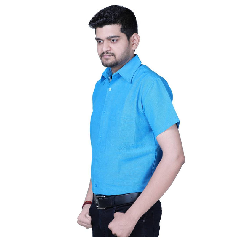 Blue Cotton Solid Short Sleeve Formal Shirt