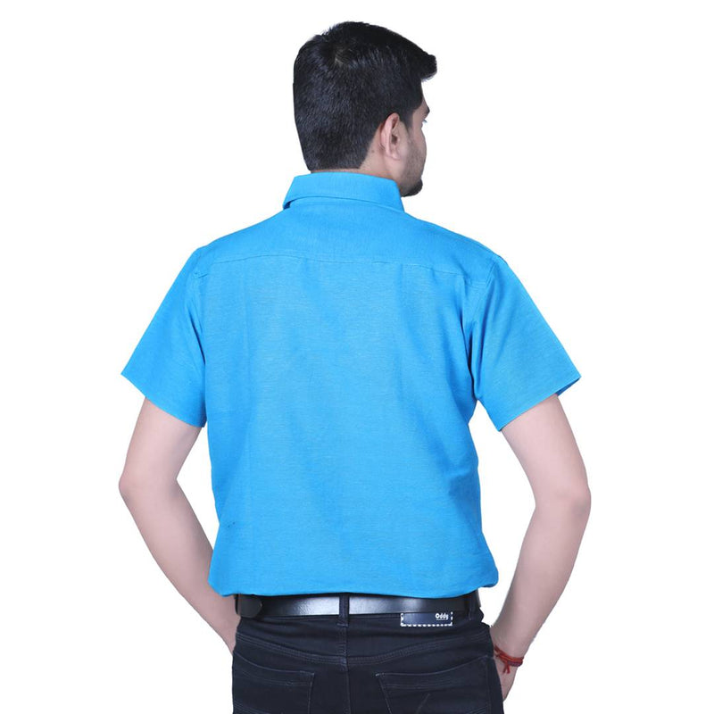 Blue Cotton Solid Short Sleeve Formal Shirt