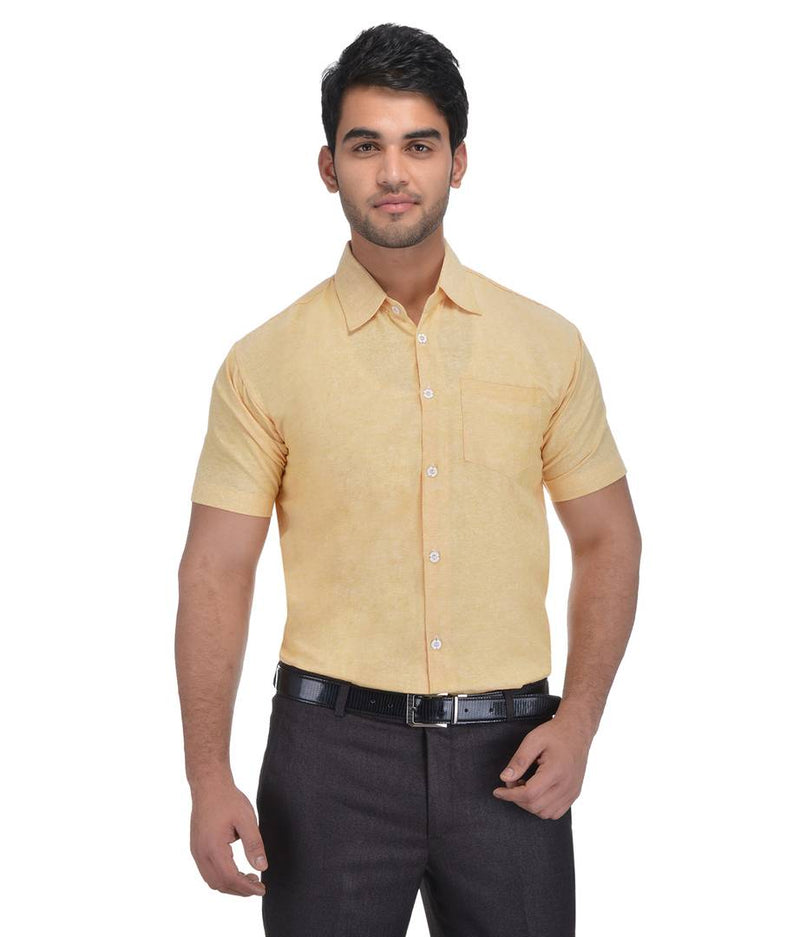 Yellow Cotton Solid Short Sleeve Formal Shirt