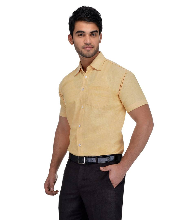 Yellow Cotton Solid Short Sleeve Formal Shirt