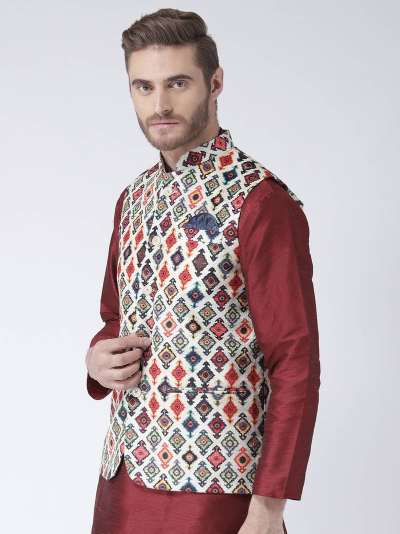Men Multicoloured Printed Nehru Jacket With Pocket Square