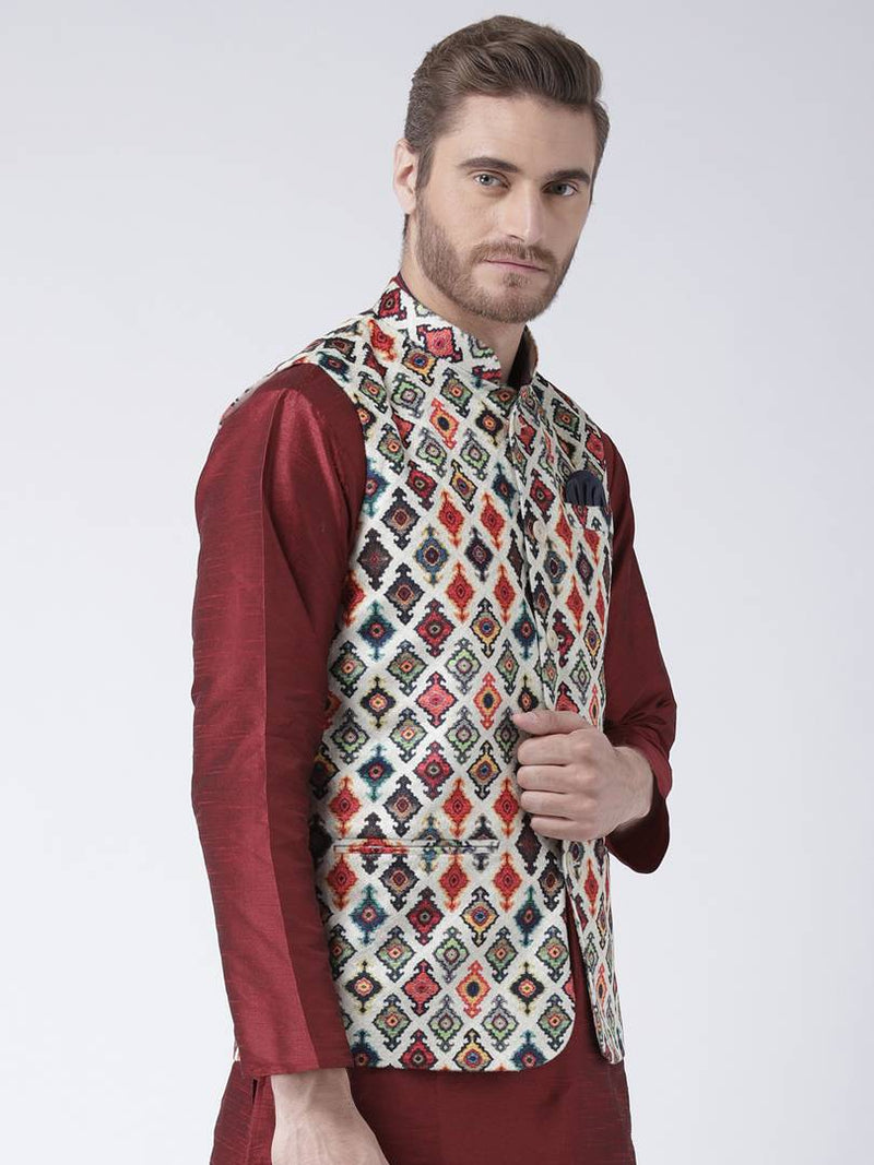 Men Multicoloured Printed Nehru Jacket With Pocket Square