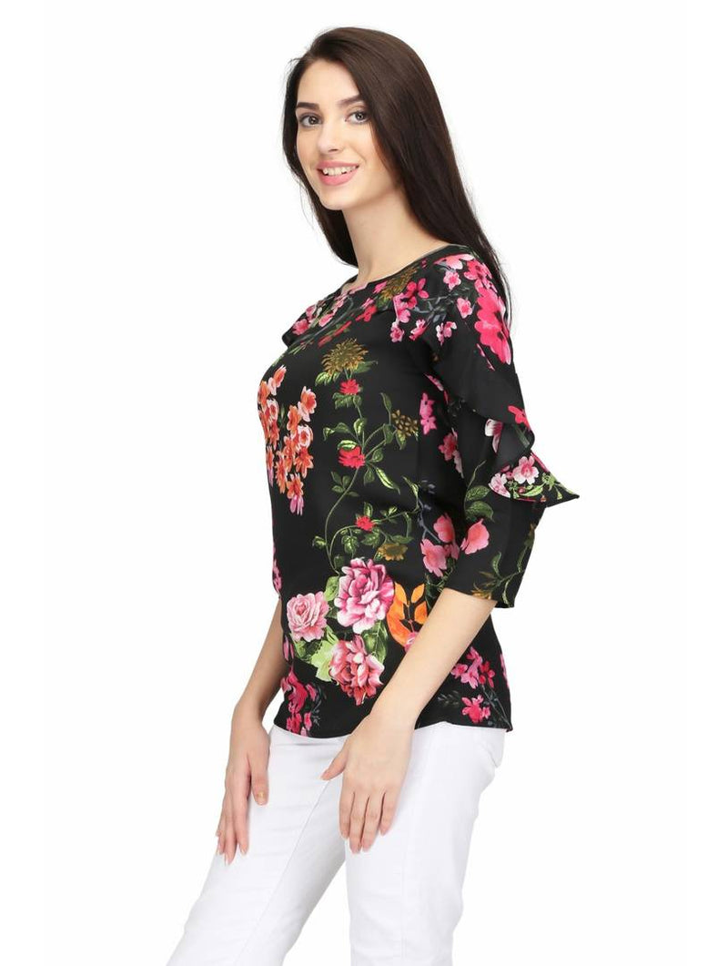 Black Floral Printed Ruffle Blouse Top