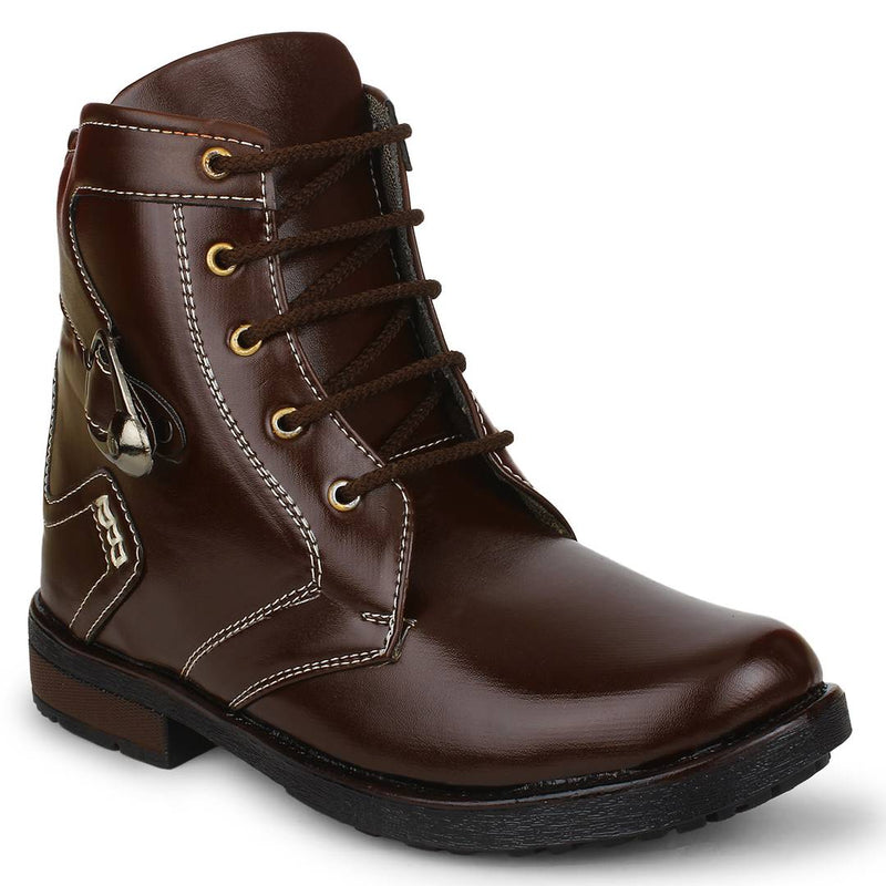 Brown Heeled Synthetic Leather Boots For Men