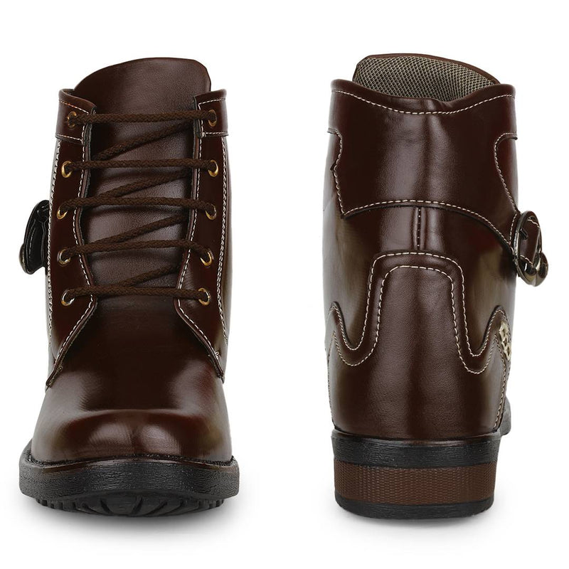 Brown Heeled Synthetic Leather Boots For Men