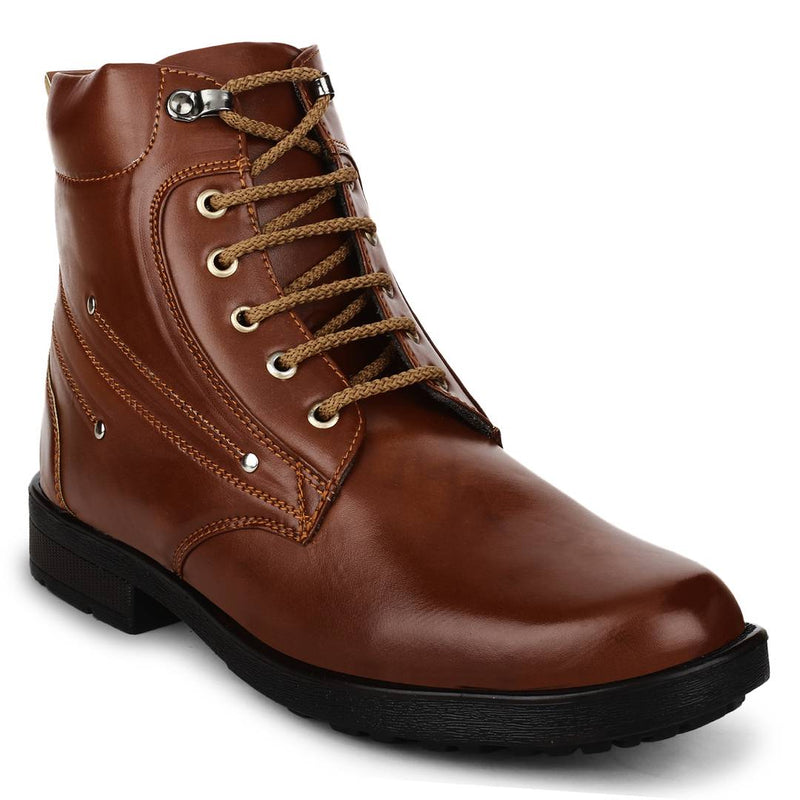 Tan Heeled Synthetic Leather Boots For Men