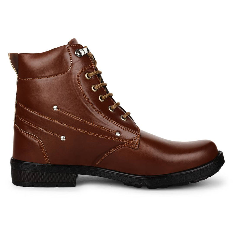 Tan Heeled Synthetic Leather Boots For Men