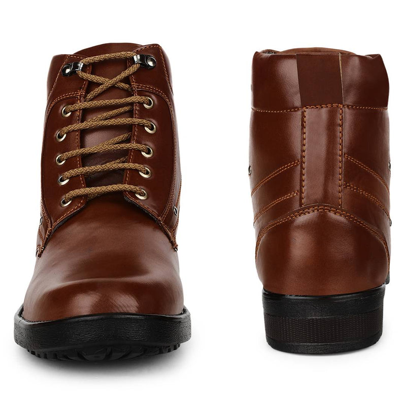 Tan Heeled Synthetic Leather Boots For Men