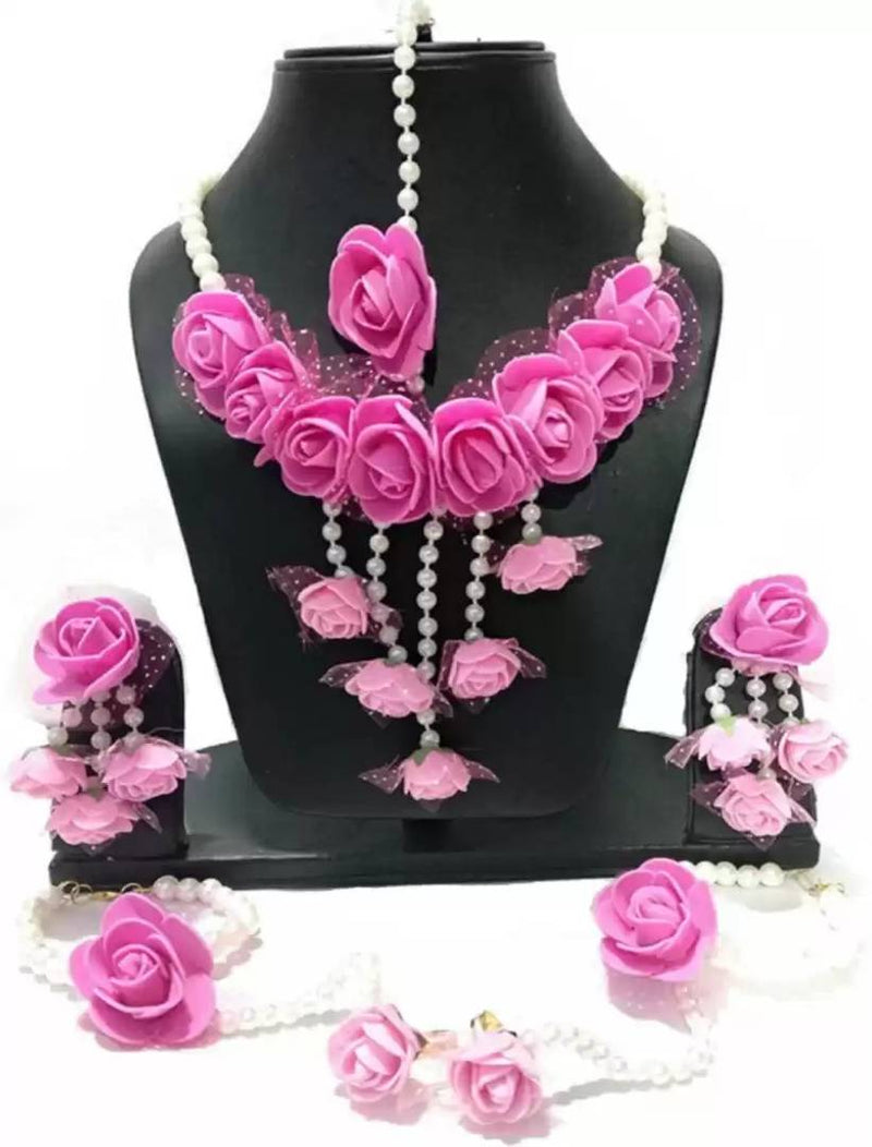 Pink Bridal Flower Jewellery Set with Earrings, Bracelet & Maang Tika