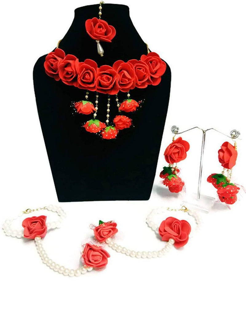 Red Bridal Flower Jewellery Set with Earrings, Bracelet & Maang Tika