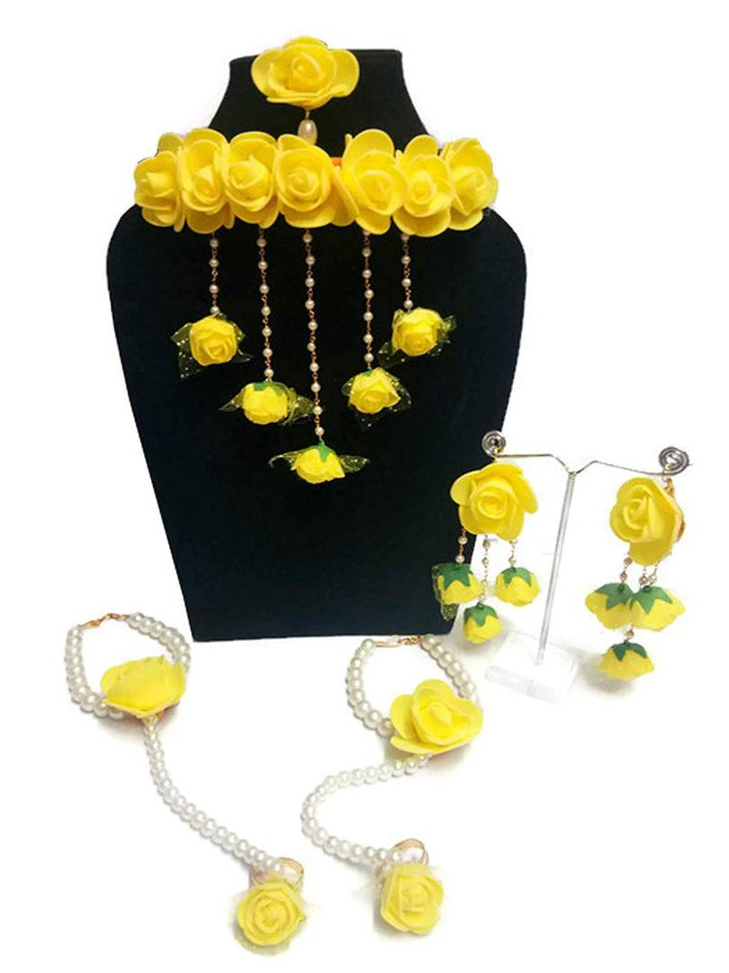 Yellow Bridal Flower Jewellery Set with Earrings, Bracelet & Maang Tika