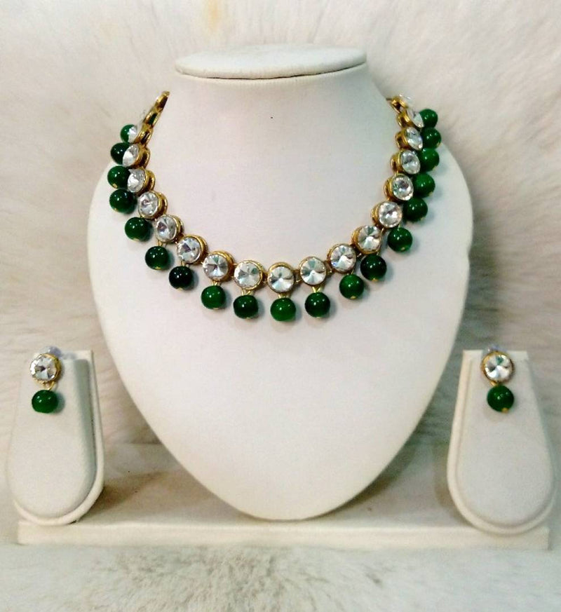 Kundan and Green Glass Bead Necklace With Earrings for Women and Girls