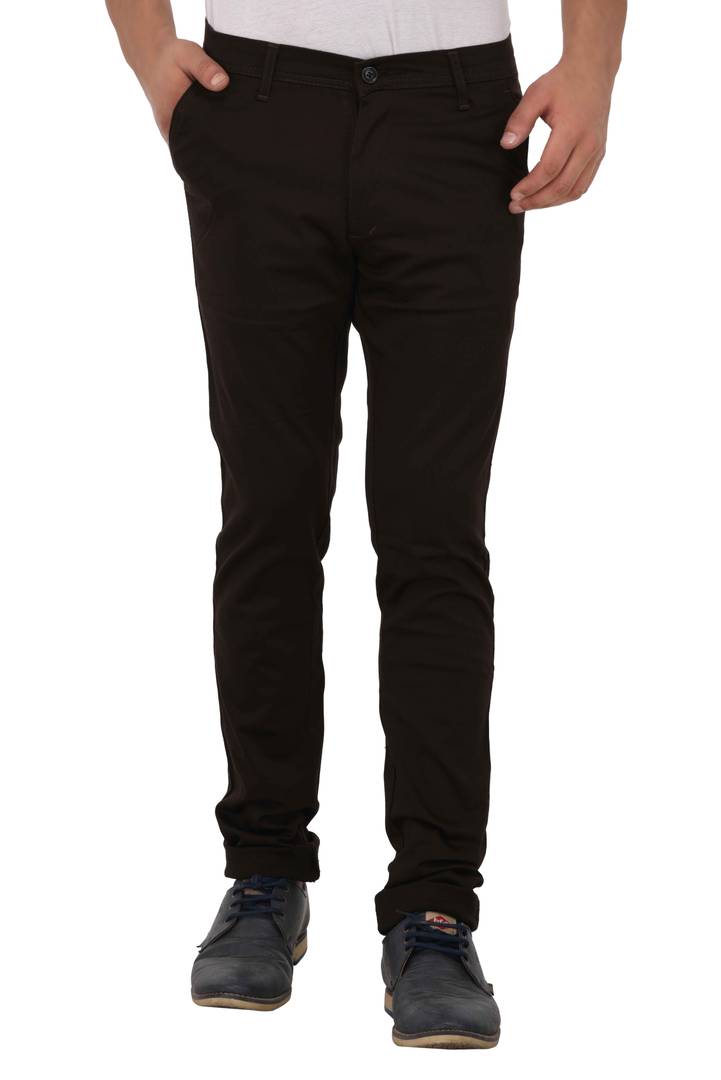 Coffee Stretchable Slim Fit Trousers For Men