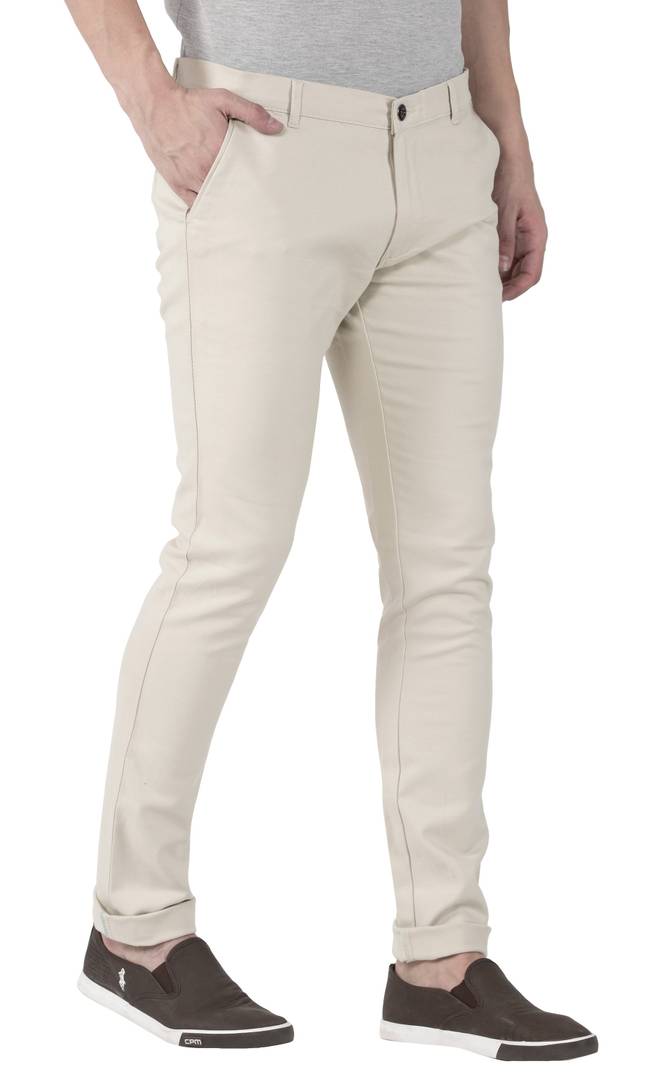 Off White Stretchable Slim Fit Trousers For Men