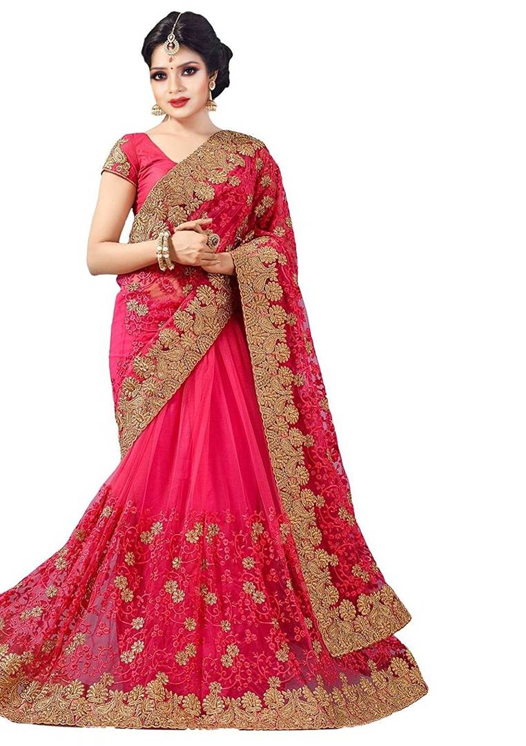 Pink Net Embroidered Saree with Blouse Piece