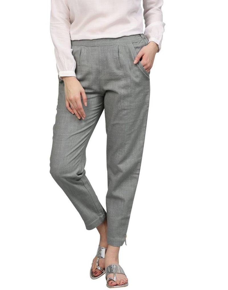 Grey Cotton Blend Trousers For Women's
