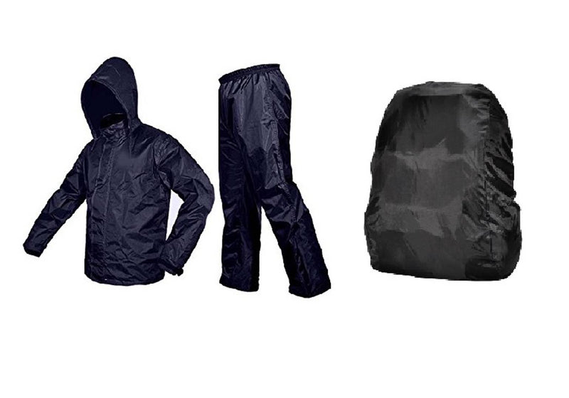 Blue Rain Coat With Lower And Cap And Black Backpack Cover