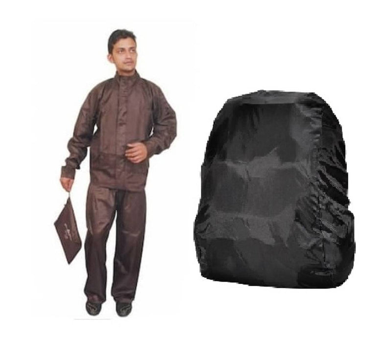 Brown Rain Coat With Lower And Cap And Black Backpack Cover