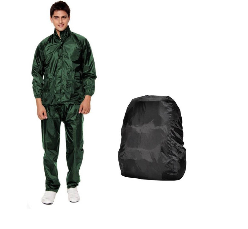 Green Rain Coat With Lower And Cap And Black Backpack Cover