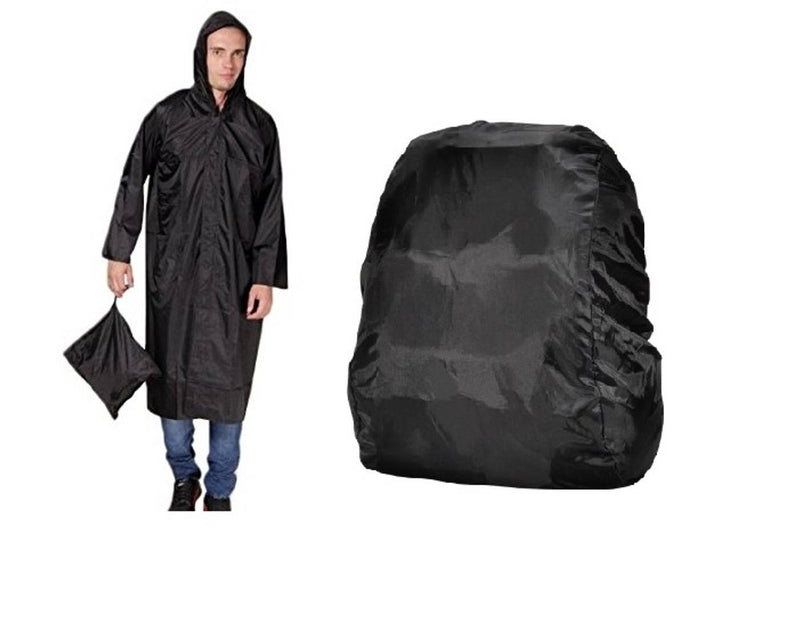Black Knee Length Long Rain Coat With  Cap And Black Backpack Cover