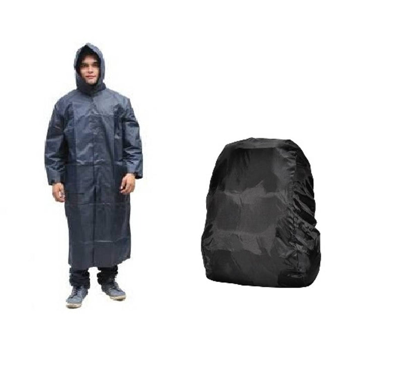 Blue Knee Length Long Rain Coat With  Cap And Black Backpack Cover