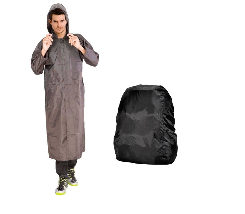 Brown Knee Length Long Rain Coat With  Cap And Black Backpack Cover