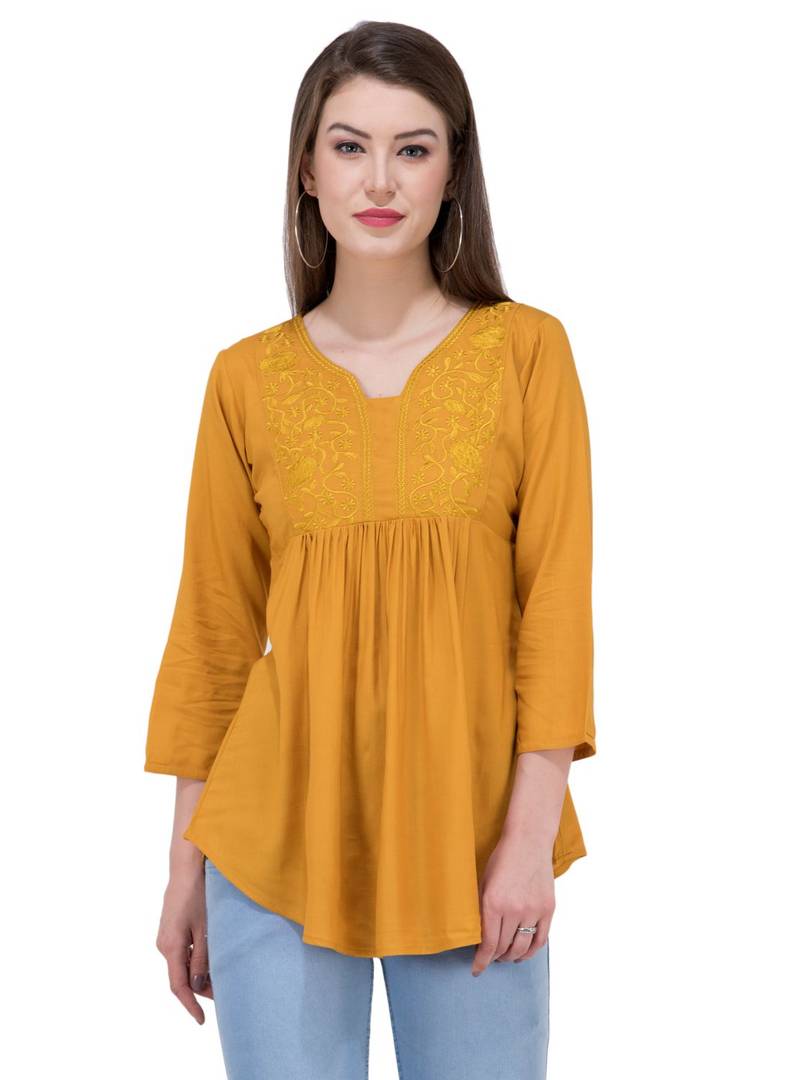 Women's Rayon Mustard Embroidered Top