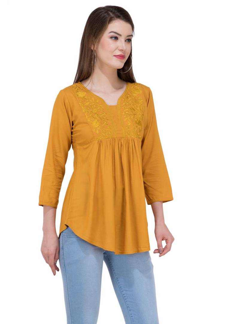 Women's Rayon Mustard Embroidered Top