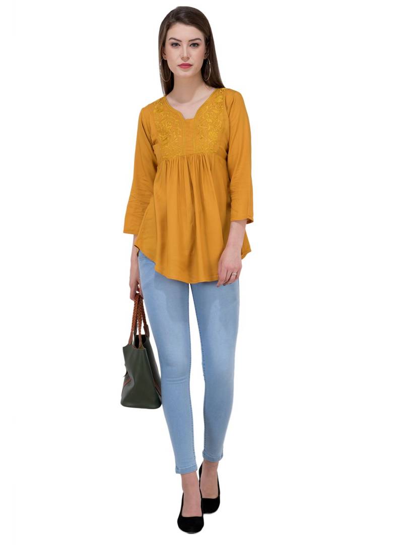 Women's Rayon Mustard Embroidered Top