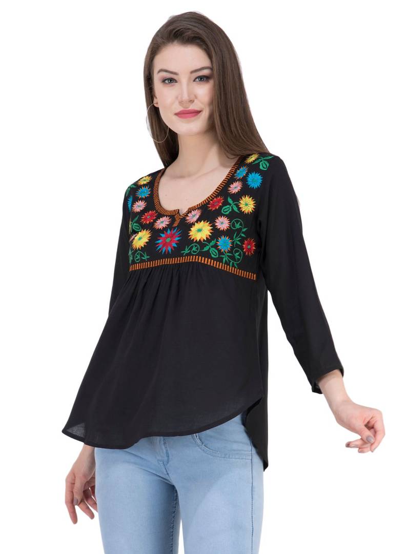 Women's Rayon Black Embroidered Top