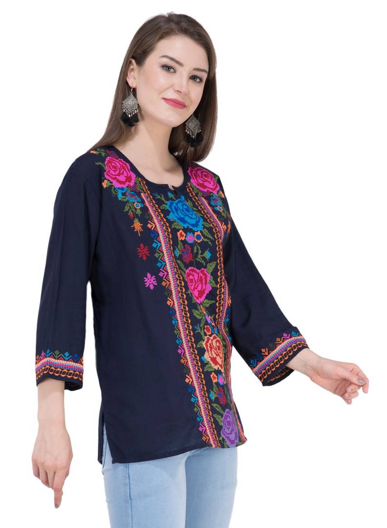 Women's Rayon Navy Blue Embroidered Tunic Top