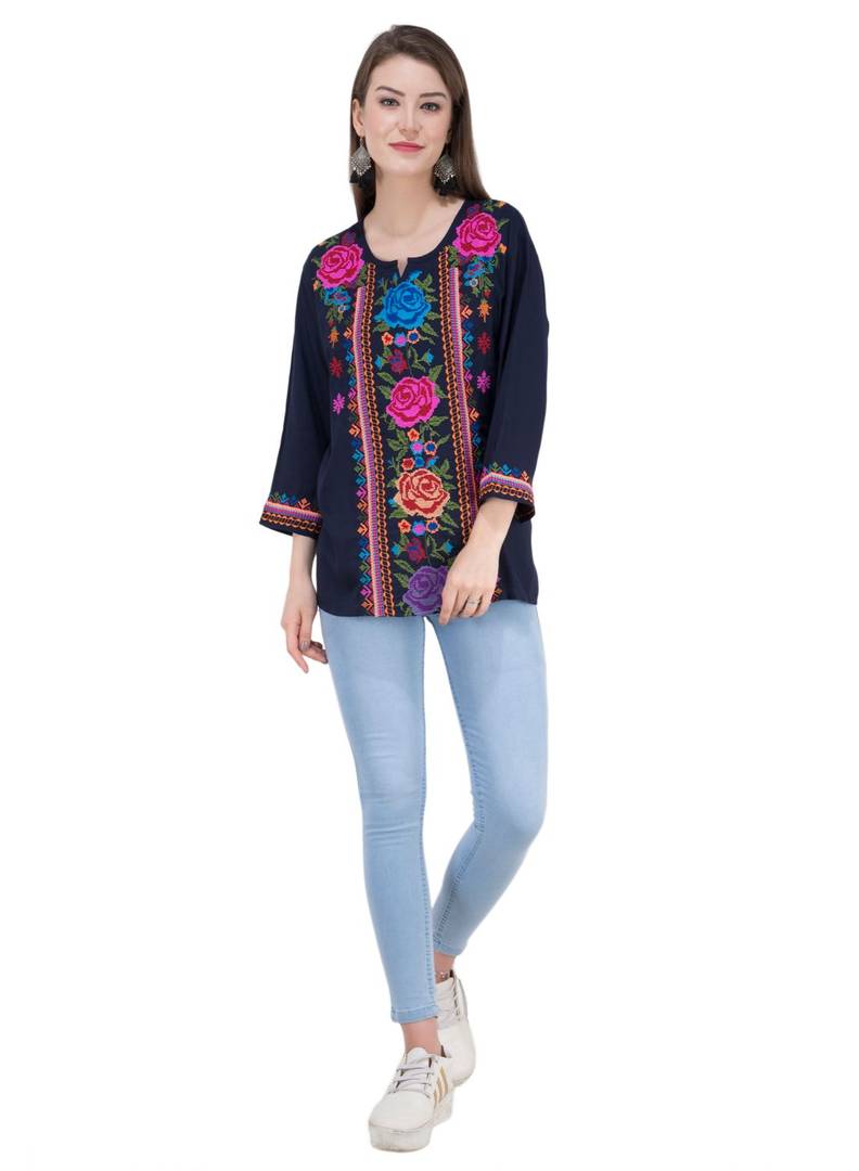 Women's Rayon Navy Blue Embroidered Tunic Top