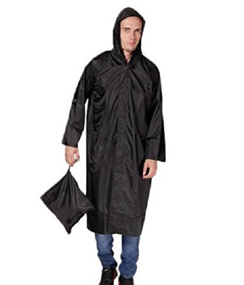 Black Knee Length Long Rain Coat With Cap