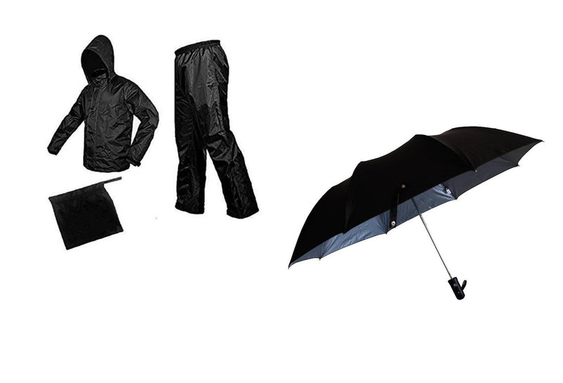 Black Rain Coat With Lower, Cap & Black Umbrella